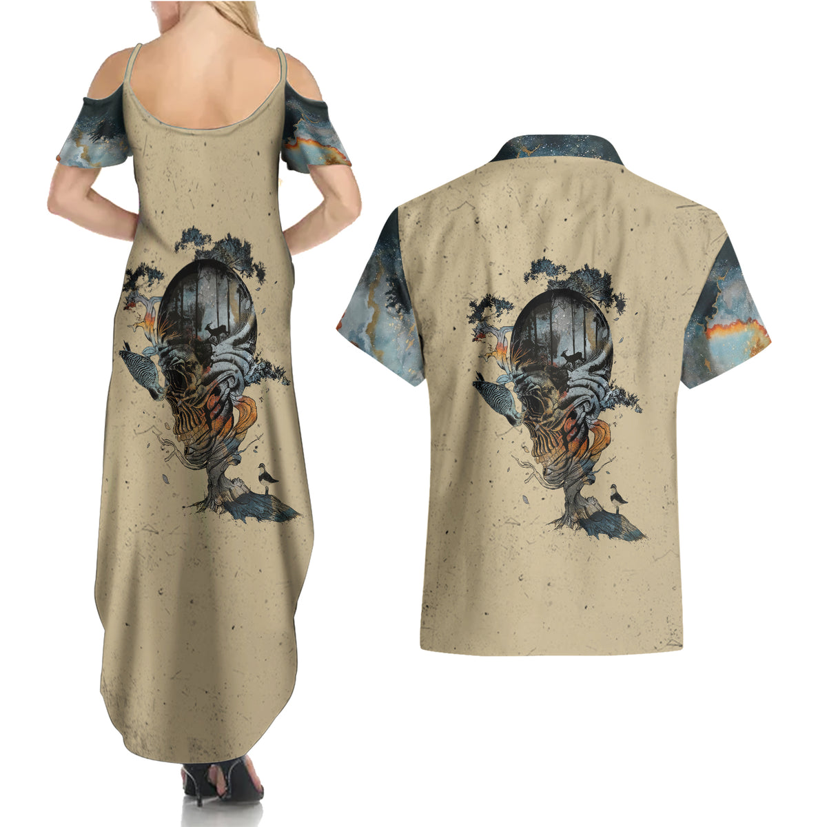 Skull Couples Matching Summer Maxi Dress and Hawaiian Shirt Hello Darkness My Old Friend - Wonder Print Shop
