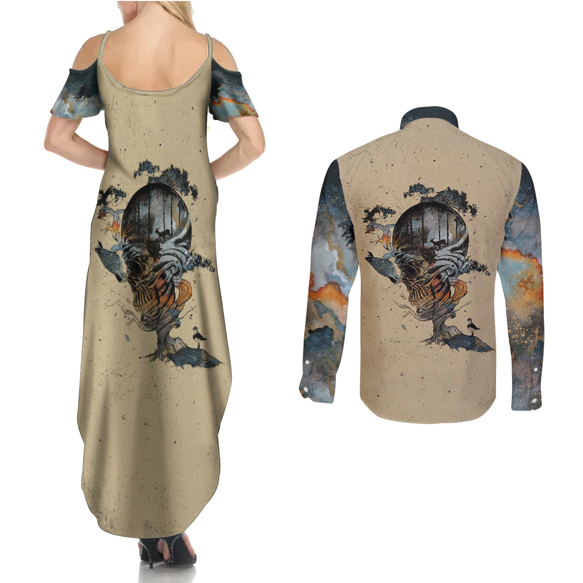 Skull Couples Matching Summer Maxi Dress and Long Sleeve Button Shirts Hello Darkness My Old Friend - Wonder Print Shop
