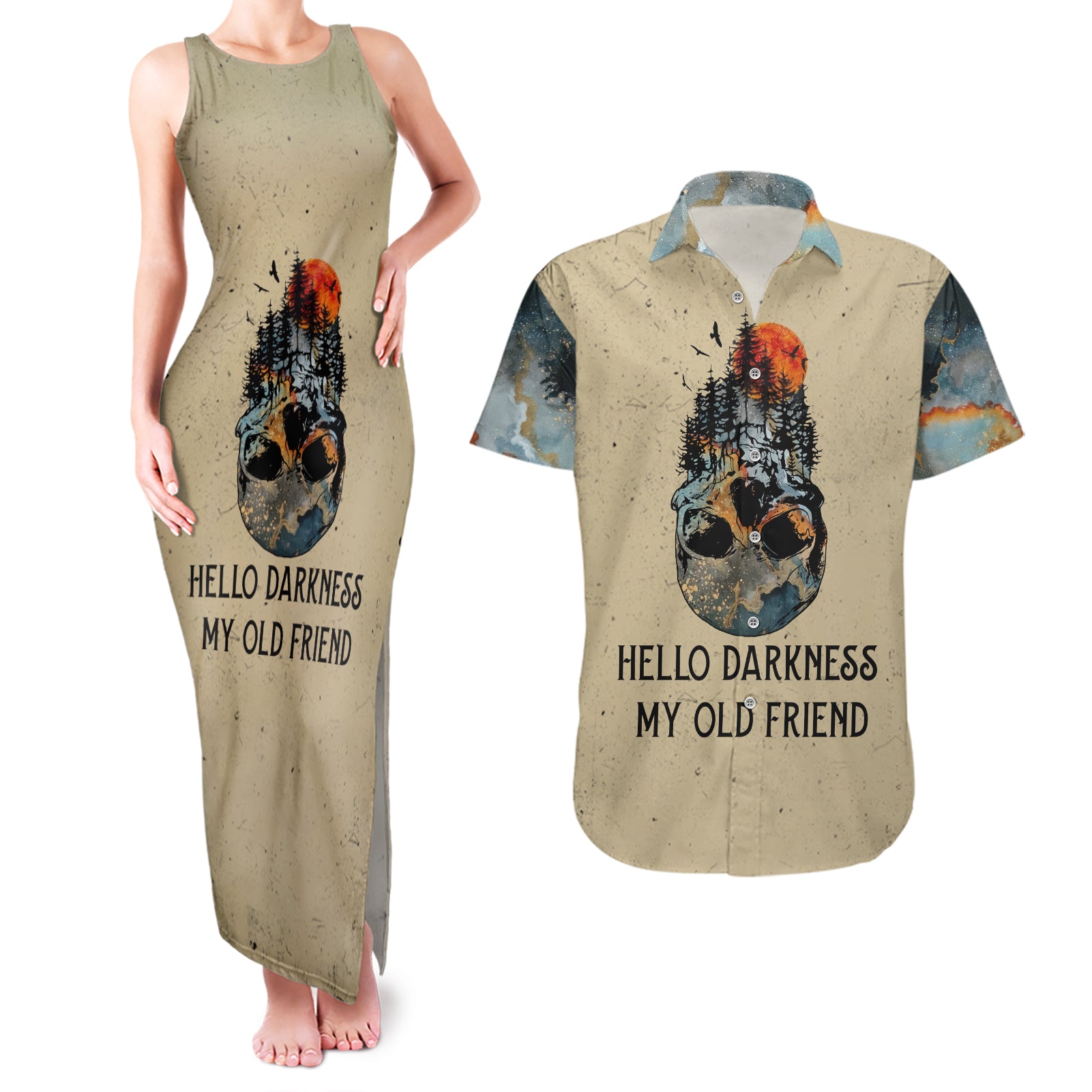 Skull Couples Matching Tank Maxi Dress And Hawaiian Shirt Hello Darkness My Old Friend - Wonder Print Shop