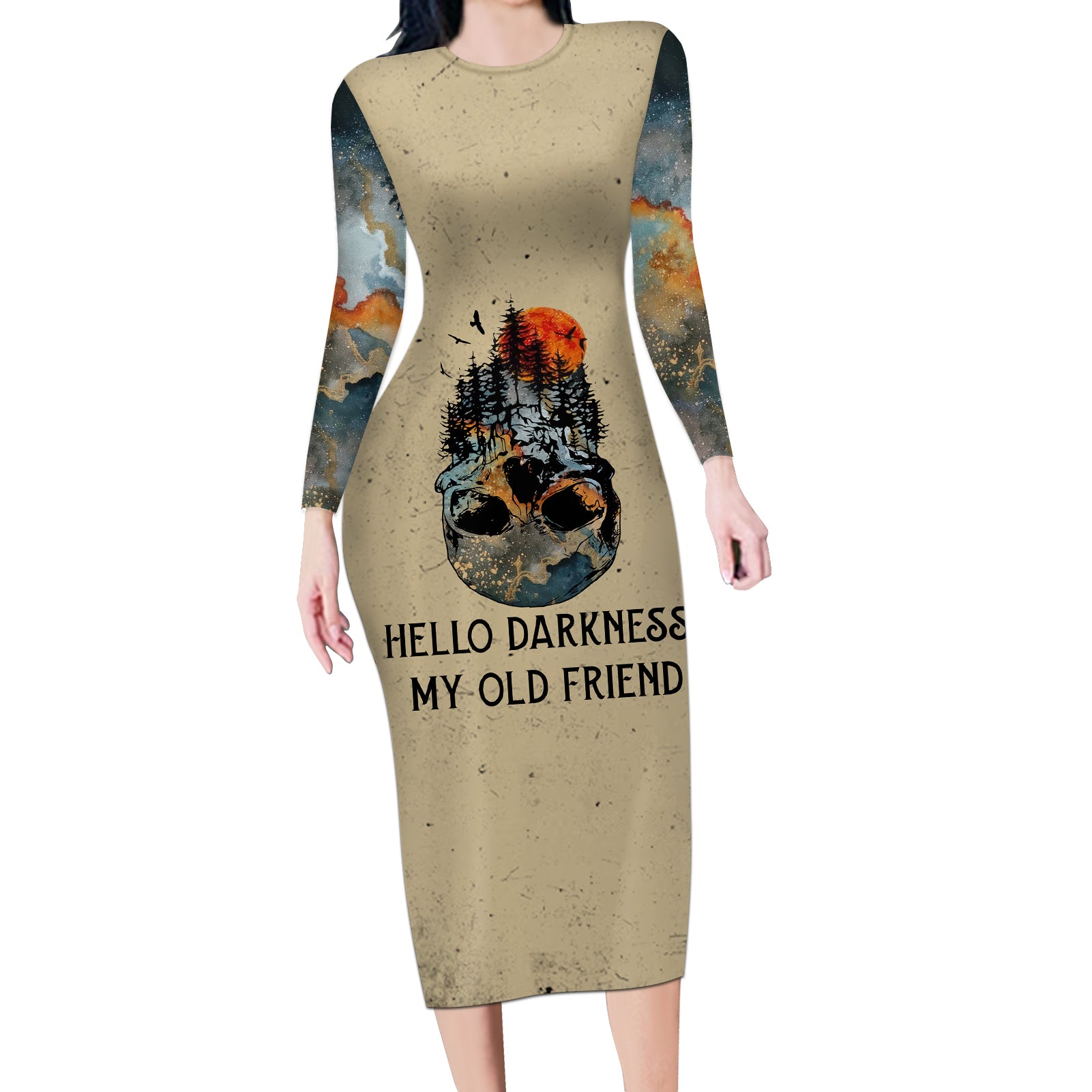 Skull Long Sleeve Bodycon Dress Hello Darkness My Old Friend - Wonder Print Shop