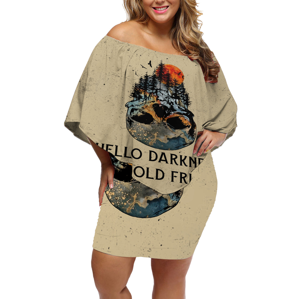 Skull Off Shoulder Short Dress Hello Darkness My Old Friend - Wonder Print Shop