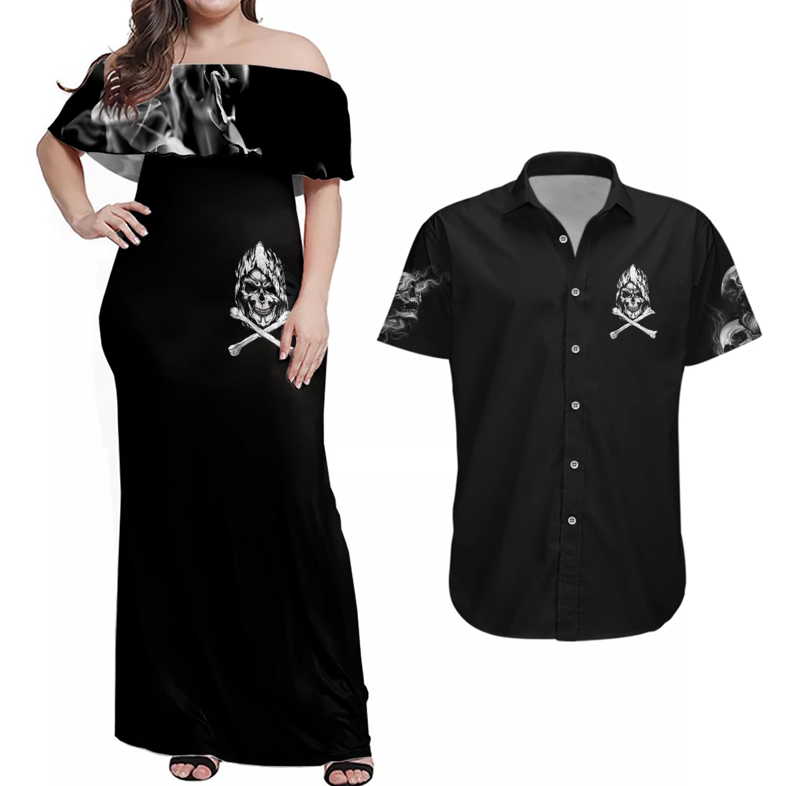 Skull Couples Matching Off Shoulder Maxi Dress and Hawaiian Shirt I Can Fix Stupid - Wonder Print Shop