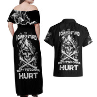 Skull Couples Matching Off Shoulder Maxi Dress and Hawaiian Shirt I Can Fix Stupid - Wonder Print Shop