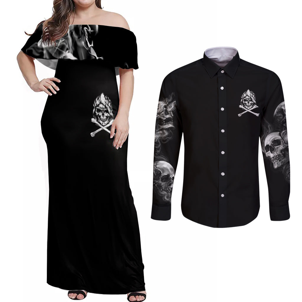 Skull Couples Matching Off Shoulder Maxi Dress and Long Sleeve Button Shirts I Can Fix Stupid - Wonder Print Shop