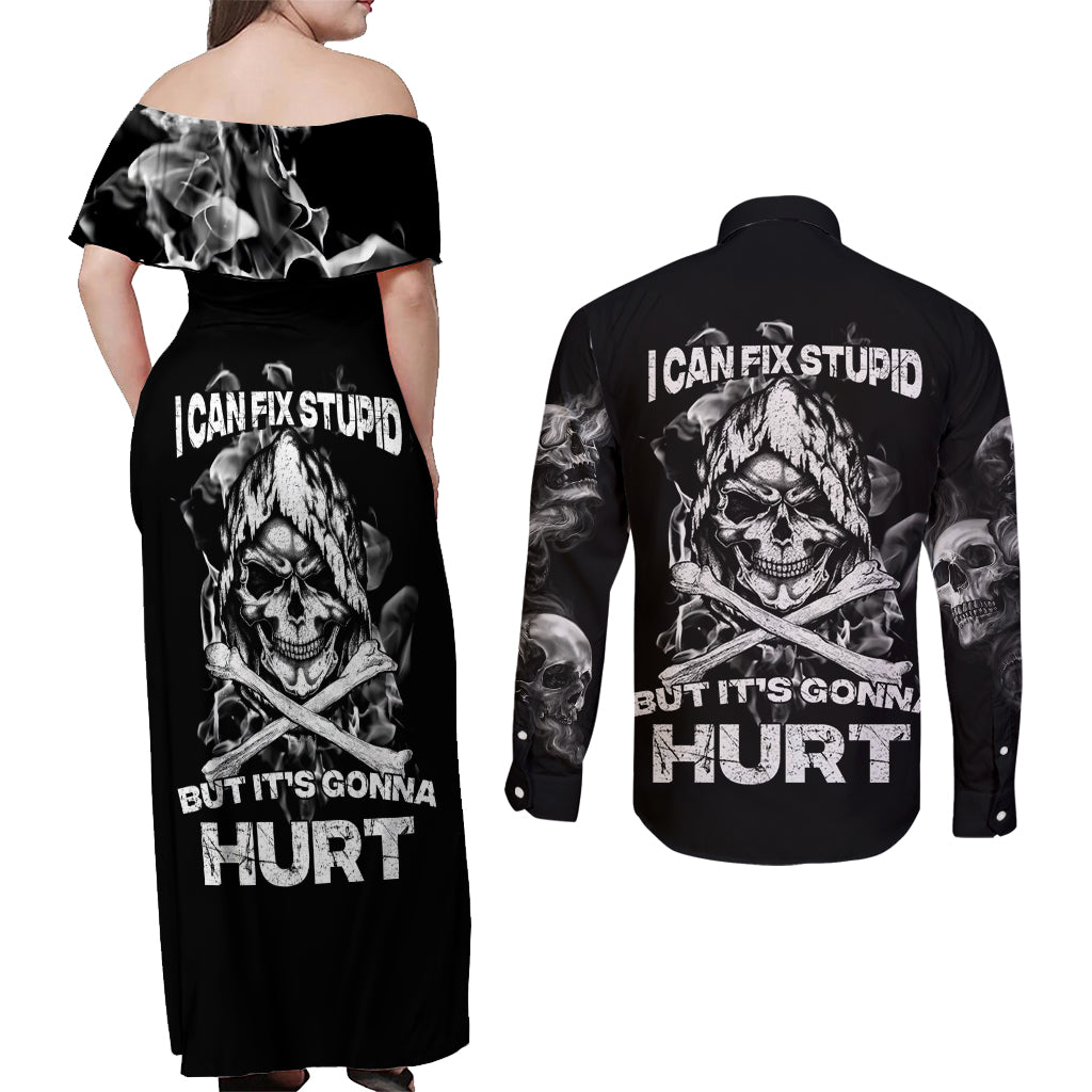 Skull Couples Matching Off Shoulder Maxi Dress and Long Sleeve Button Shirts I Can Fix Stupid - Wonder Print Shop