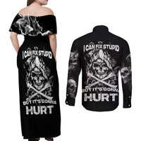 Skull Couples Matching Off Shoulder Maxi Dress and Long Sleeve Button Shirts I Can Fix Stupid - Wonder Print Shop