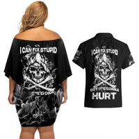 Skull Couples Matching Off Shoulder Short Dress and Hawaiian Shirt I Can Fix Stupid - Wonder Print Shop