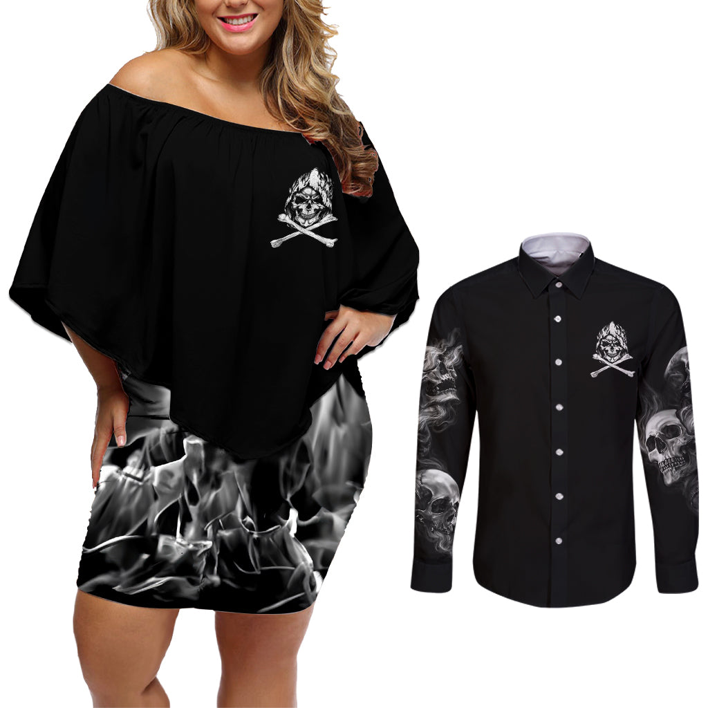 Skull Couples Matching Off Shoulder Short Dress and Long Sleeve Button Shirts I Can Fix Stupid - Wonder Print Shop