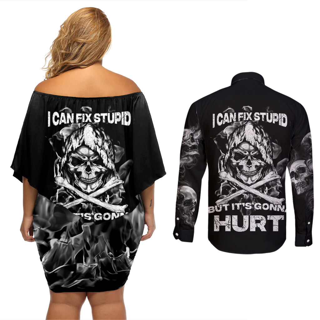 Skull Couples Matching Off Shoulder Short Dress and Long Sleeve Button Shirts I Can Fix Stupid - Wonder Print Shop