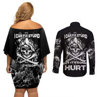 Skull Couples Matching Off Shoulder Short Dress and Long Sleeve Button Shirts I Can Fix Stupid - Wonder Print Shop
