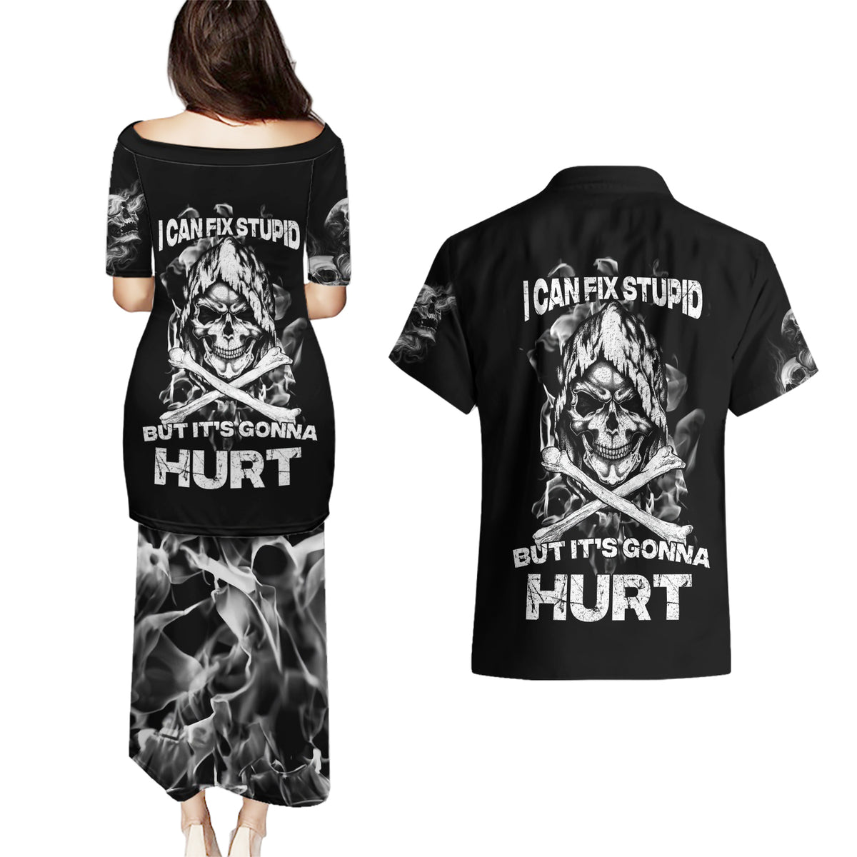Skull Couples Matching Puletasi Dress and Hawaiian Shirt I Can Fix Stupid - Wonder Print Shop