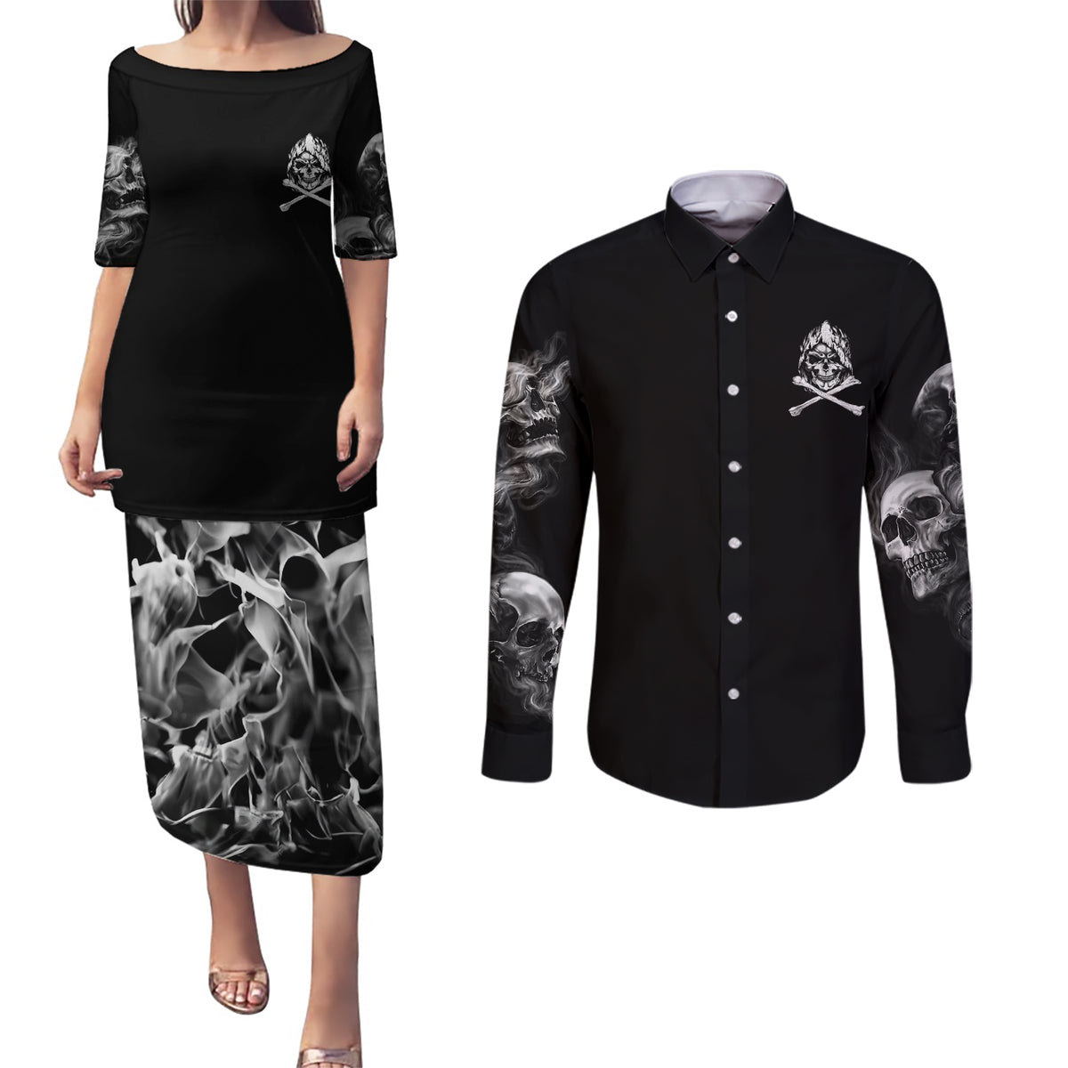 Skull Couples Matching Puletasi Dress and Long Sleeve Button Shirts I Can Fix Stupid - Wonder Print Shop
