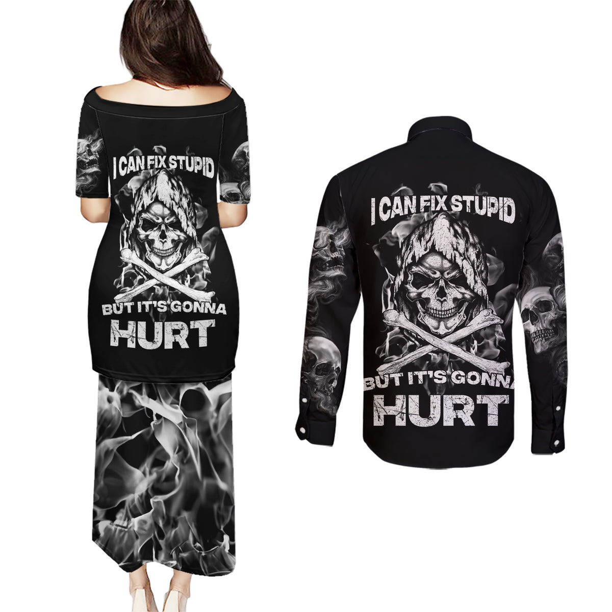 Skull Couples Matching Puletasi Dress and Long Sleeve Button Shirts I Can Fix Stupid - Wonder Print Shop