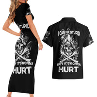 Skull Couples Matching Short Sleeve Bodycon Dress and Hawaiian Shirt I Can Fix Stupid - Wonder Print Shop