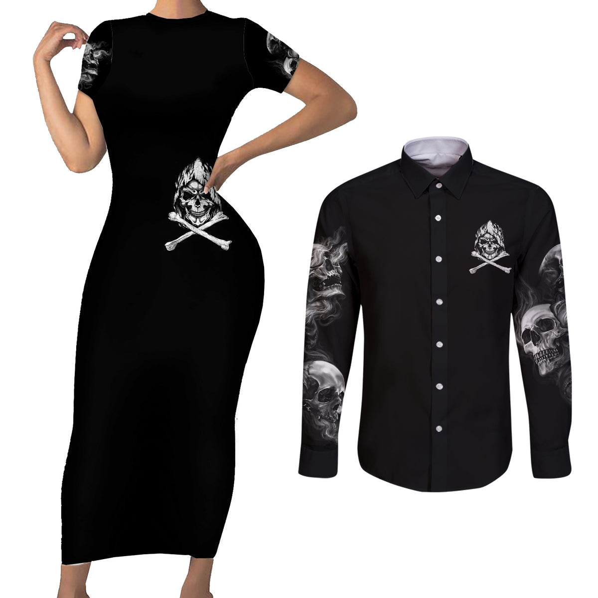 Skull Couples Matching Short Sleeve Bodycon Dress and Long Sleeve Button Shirts I Can Fix Stupid - Wonder Print Shop