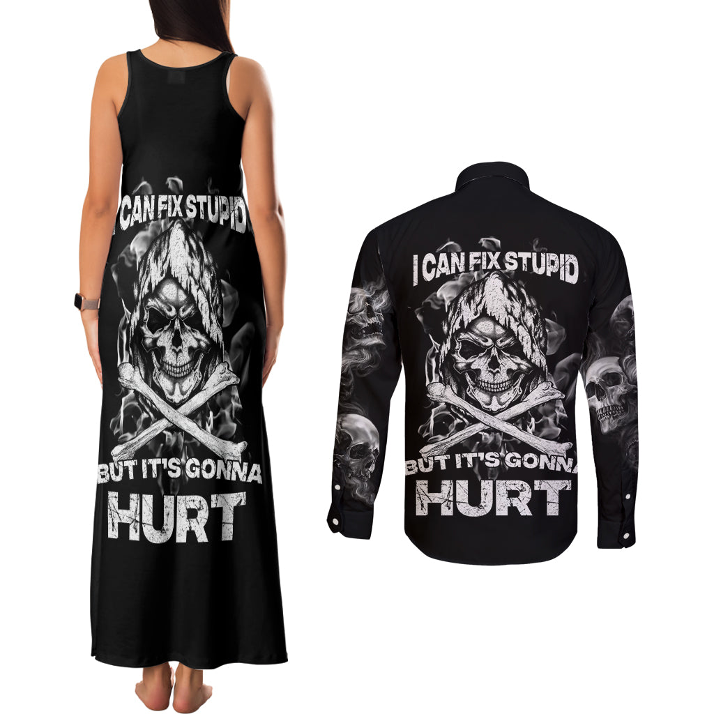 Skull Couples Matching Tank Maxi Dress and Long Sleeve Button Shirts I Can Fix Stupid - Wonder Print Shop