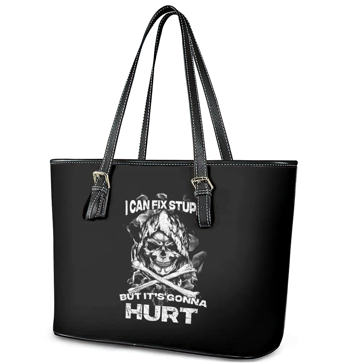 Skull Leather Tote Bag I Can Fix Stupid - Wonder Print Shop