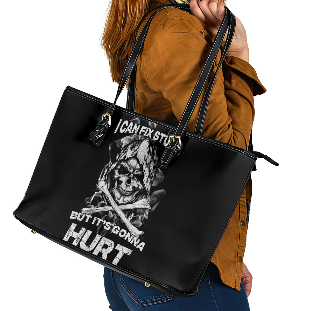 Skull Leather Tote Bag I Can Fix Stupid - Wonder Print Shop