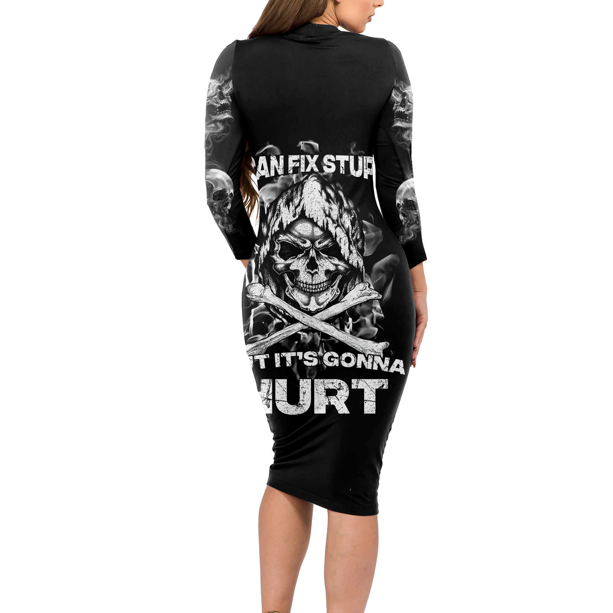 Skull Long Sleeve Bodycon Dress I Can Fix Stupid - Wonder Print Shop