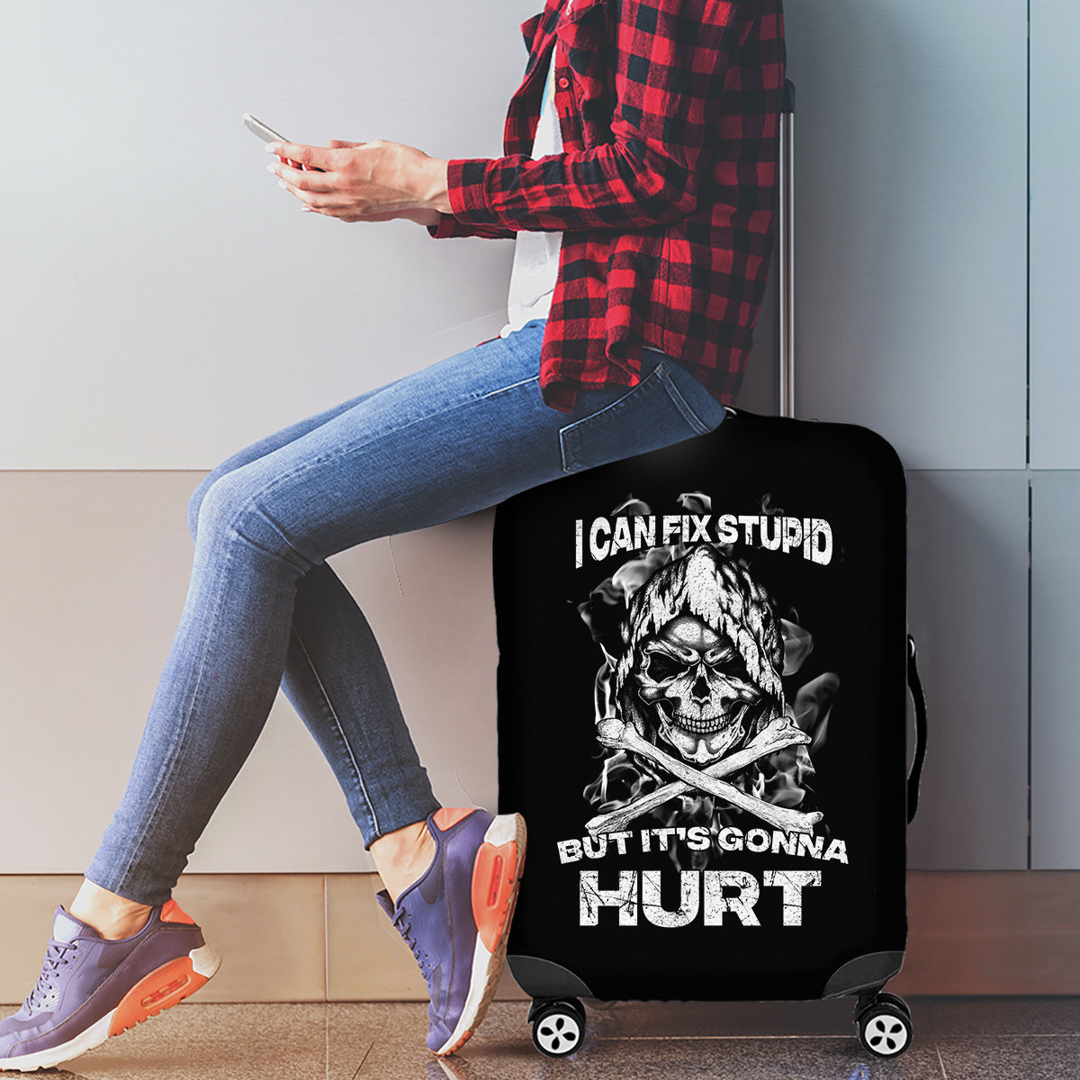 Skull Luggage Cover I Can Fix Stupid - Wonder Print Shop