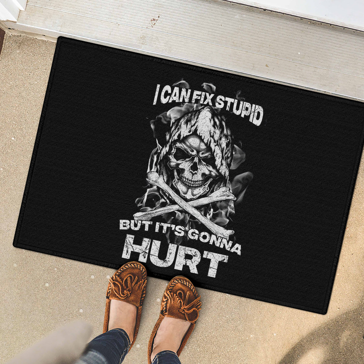 Skull Rubber Doormat I Can Fix Stupid - Wonder Print Shop