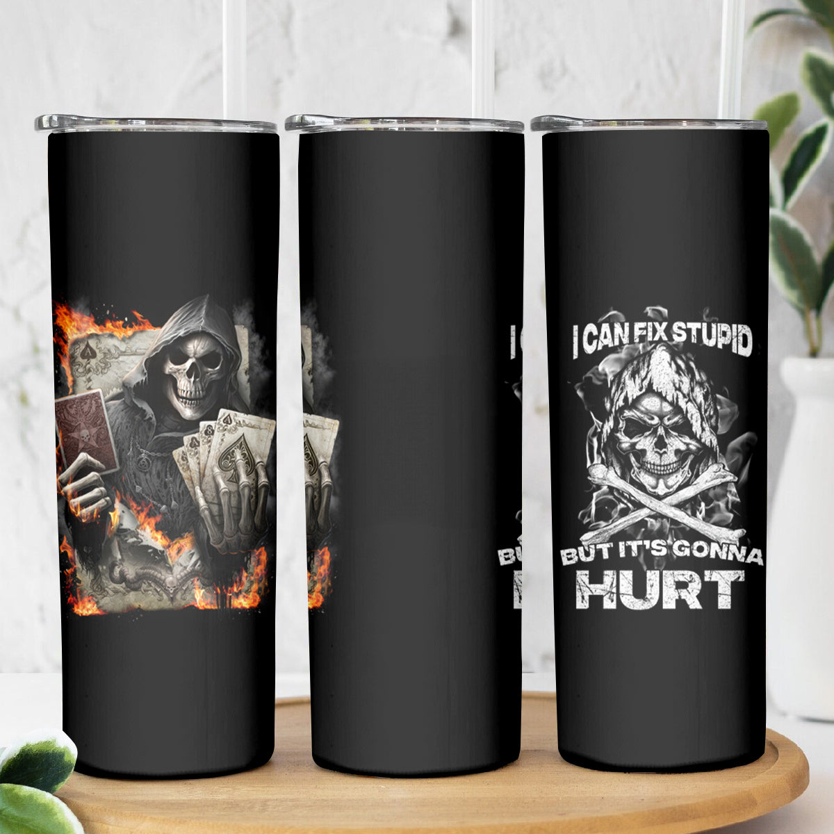 Skull Skinny Tumbler I Can Fix Stupid - Wonder Print Shop