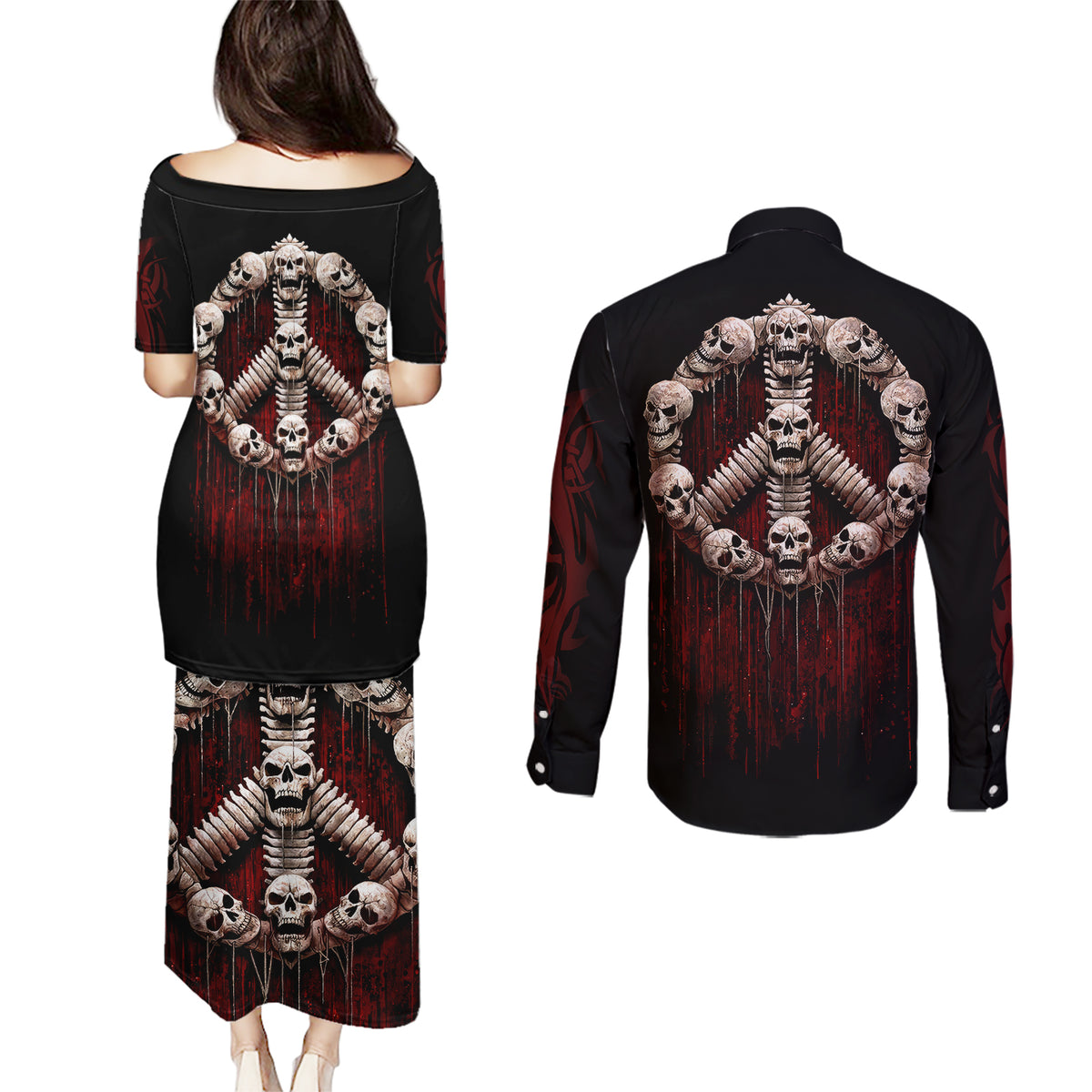 Reaper Couples Matching Puletasi Dress and Long Sleeve Button Shirts Uncle Death Angel Peace Skull - Wonder Print Shop