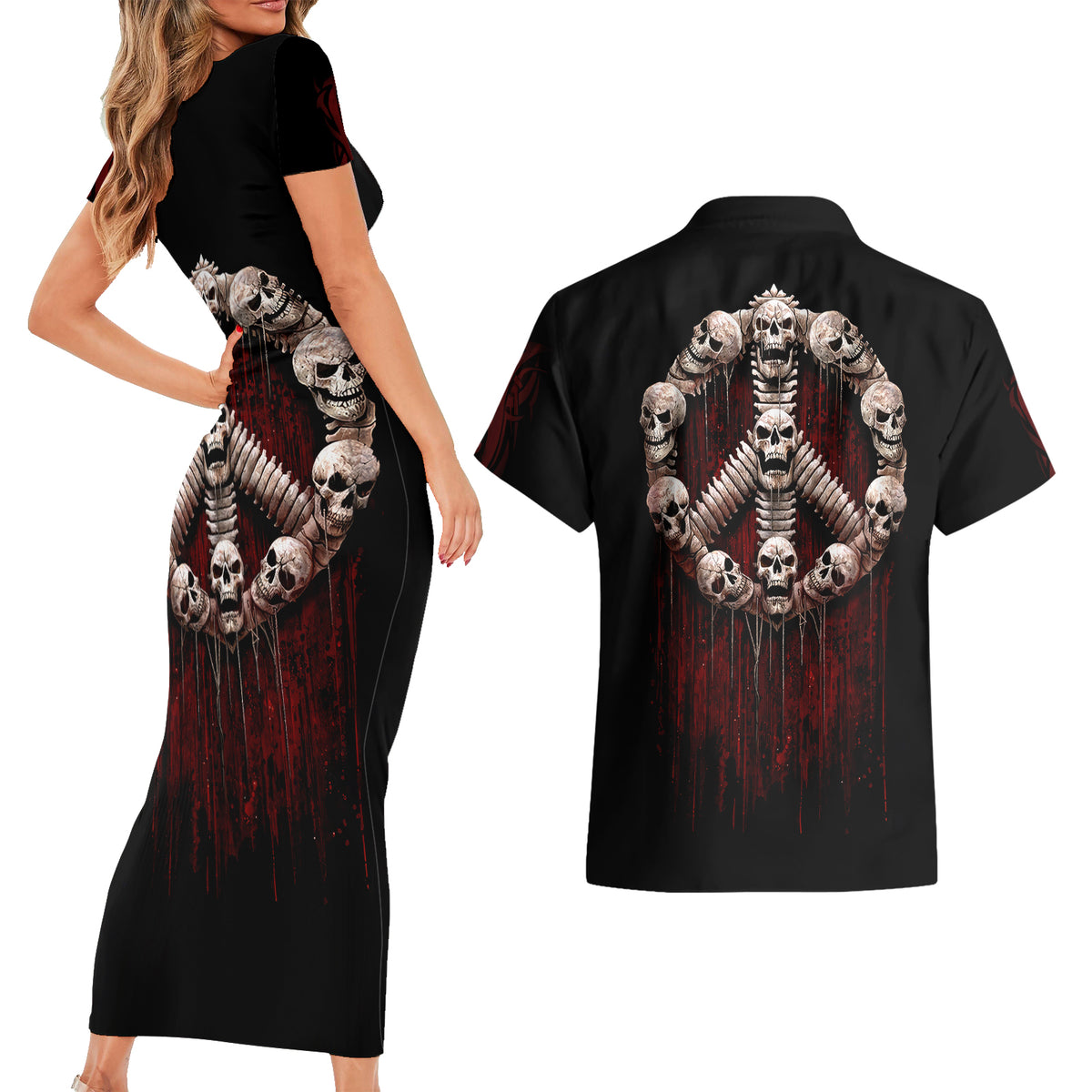 Reaper Couples Matching Short Sleeve Bodycon Dress and Hawaiian Shirt Uncle Death Angel Peace Skull - Wonder Print Shop