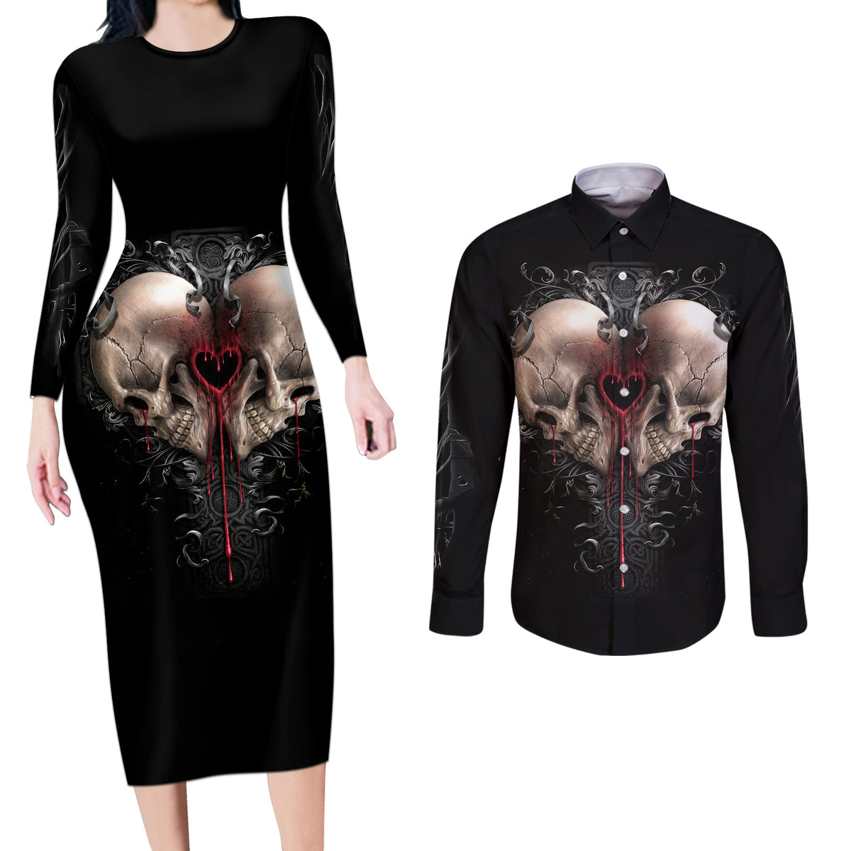Reaper Heart Couples Matching Long Sleeve Bodycon Dress and Long Sleeve Button Shirts Eternal Embrace - Uniting Souls in the Realm of Skulls - Wonder Print Shop