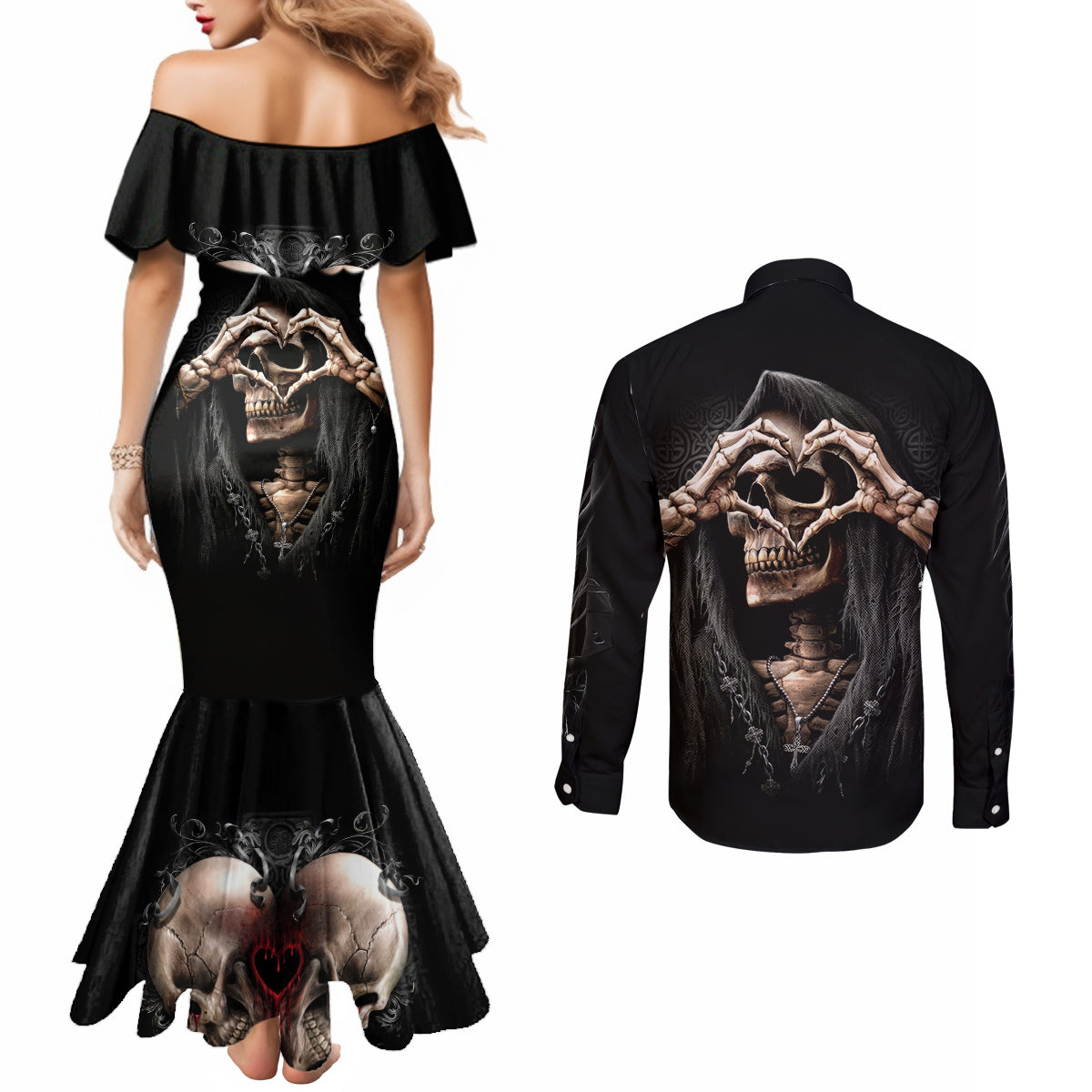 Reaper Heart Couples Matching Mermaid Dress and Long Sleeve Button Shirts Eternal Embrace - Uniting Souls in the Realm of Skulls DT01