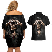 Reaper Heart Couples Matching Off Shoulder Short Dress and Hawaiian Shirt Eternal Embrace - Uniting Souls in the Realm of Skulls - Wonder Print Shop
