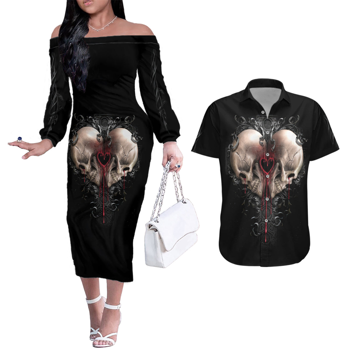 Reaper Heart Couples Matching Off The Shoulder Long Sleeve Dress and Hawaiian Shirt Eternal Embrace - Uniting Souls in the Realm of Skulls - Wonder Print Shop