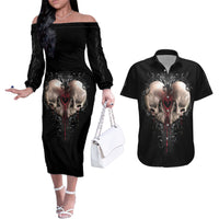 Reaper Heart Couples Matching Off The Shoulder Long Sleeve Dress and Hawaiian Shirt Eternal Embrace - Uniting Souls in the Realm of Skulls - Wonder Print Shop