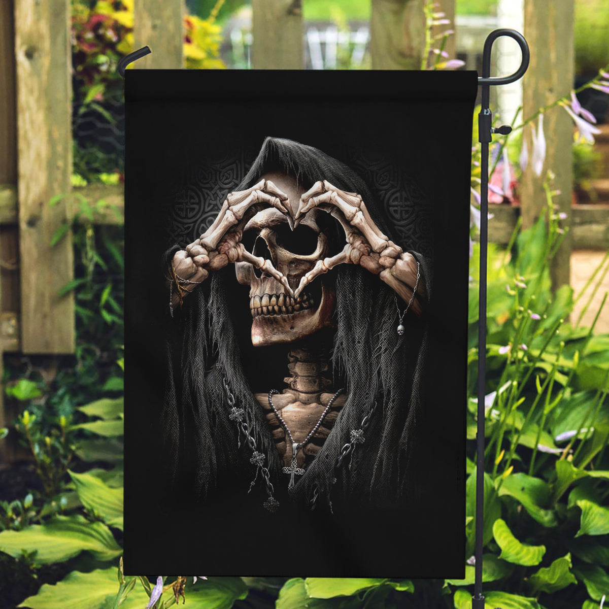 Reaper Heart Garden Flag Eternal Embrace - Uniting Souls in the Realm of Skulls - Wonder Print Shop