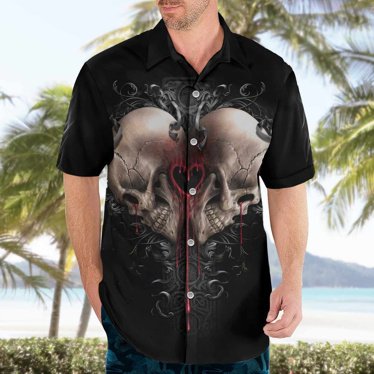 Reaper Heart Hawaiian Shirt Eternal Embrace - Uniting Souls in the Realm of Skulls - Wonder Print Shop