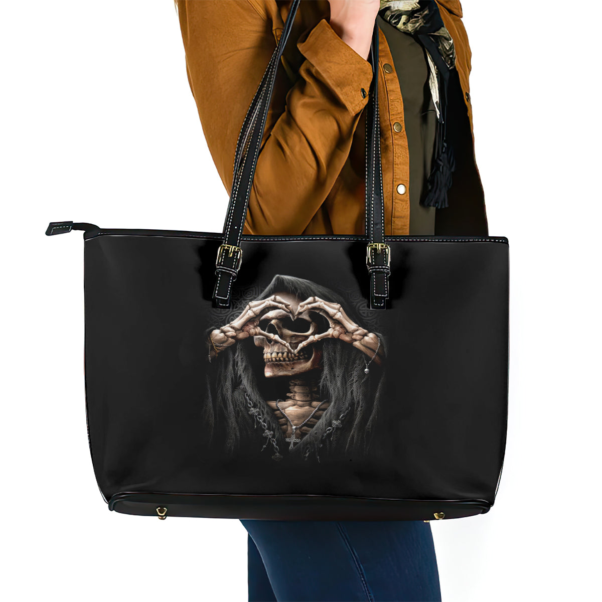 Reaper Heart Leather Tote Bag Eternal Embrace - Uniting Souls in the Realm of Skulls - Wonder Print Shop