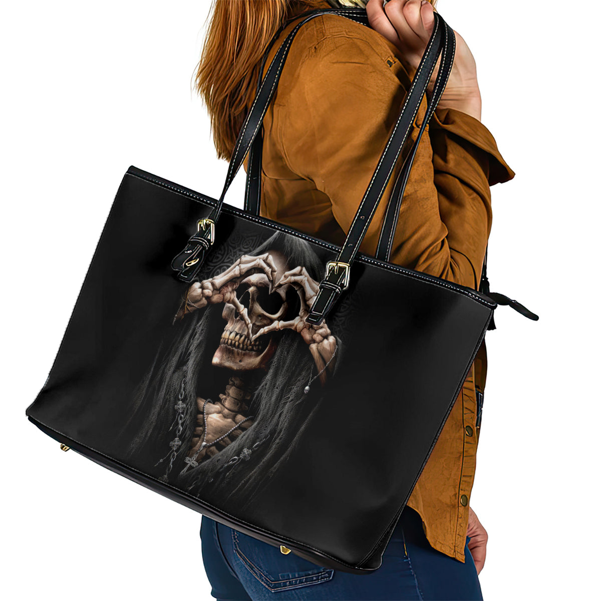 Reaper Heart Leather Tote Bag Eternal Embrace - Uniting Souls in the Realm of Skulls - Wonder Print Shop