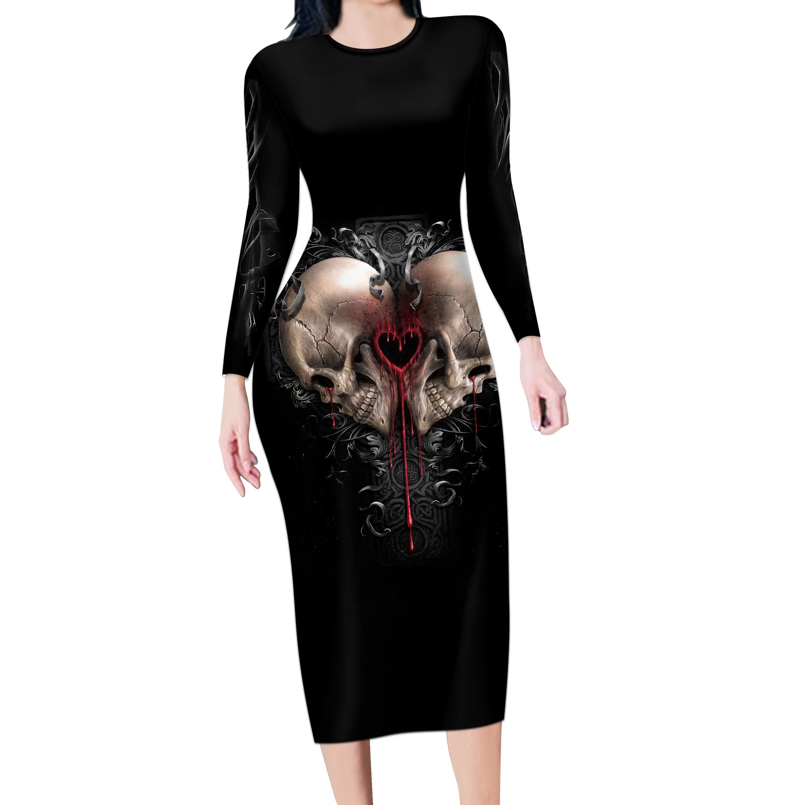 Reaper Heart Long Sleeve Bodycon Dress Eternal Embrace - Uniting Souls in the Realm of Skulls - Wonder Print Shop