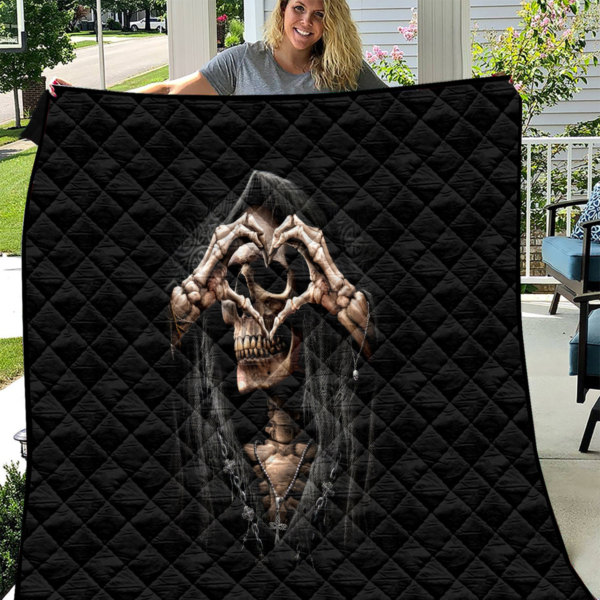 Reaper Heart Quilt Eternal Embrace - Uniting Souls in the Realm of Skulls - Wonder Print Shop