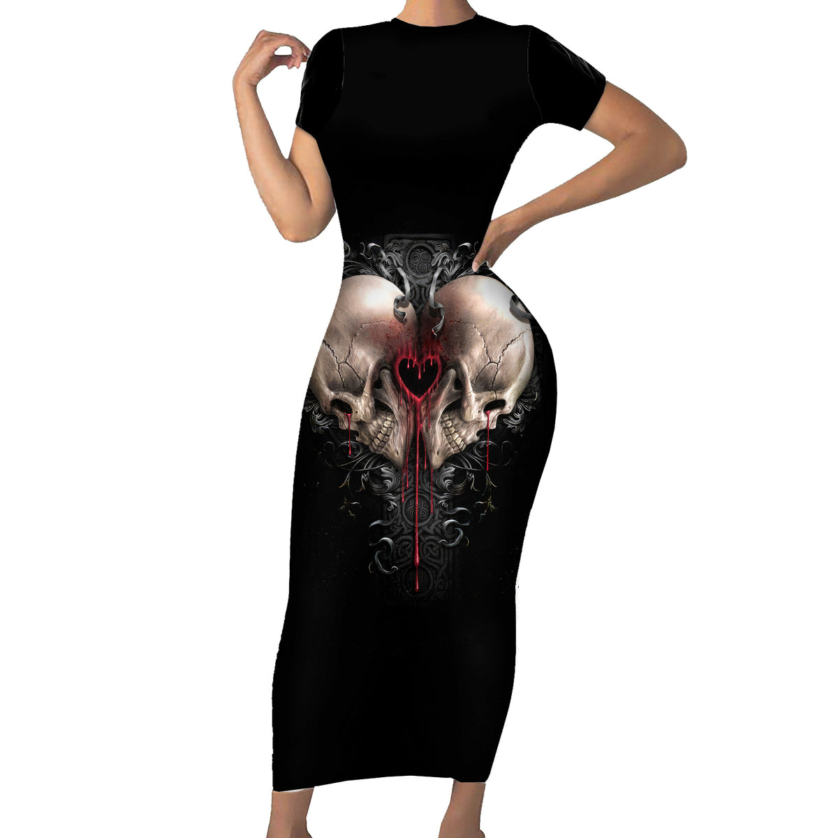 Reaper Heart Short Sleeve Bodycon Dress Eternal Embrace - Uniting Souls in the Realm of Skulls - Wonder Print Shop
