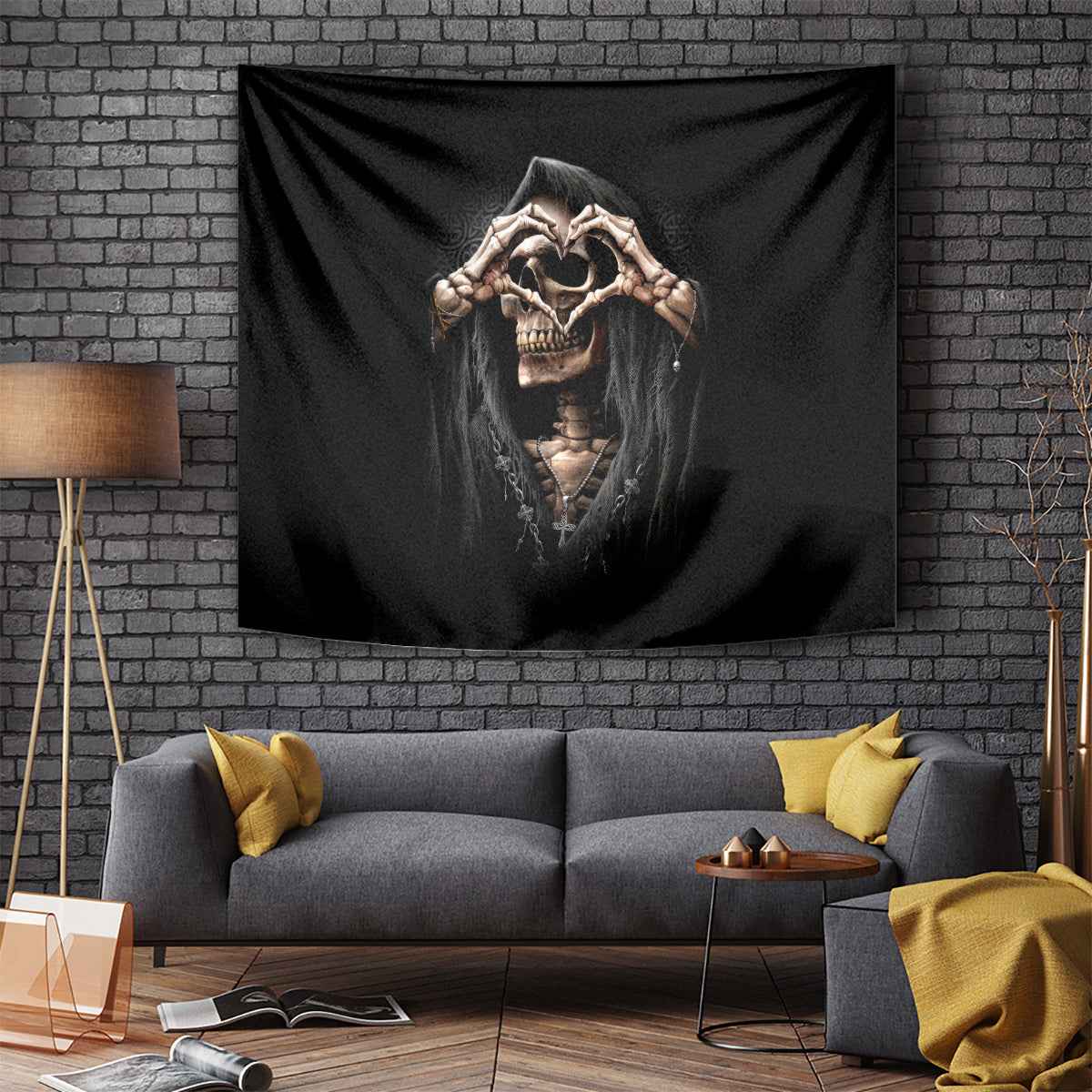 Reaper Heart Tapestry Eternal Embrace - Uniting Souls in the Realm of Skulls - Wonder Print Shop