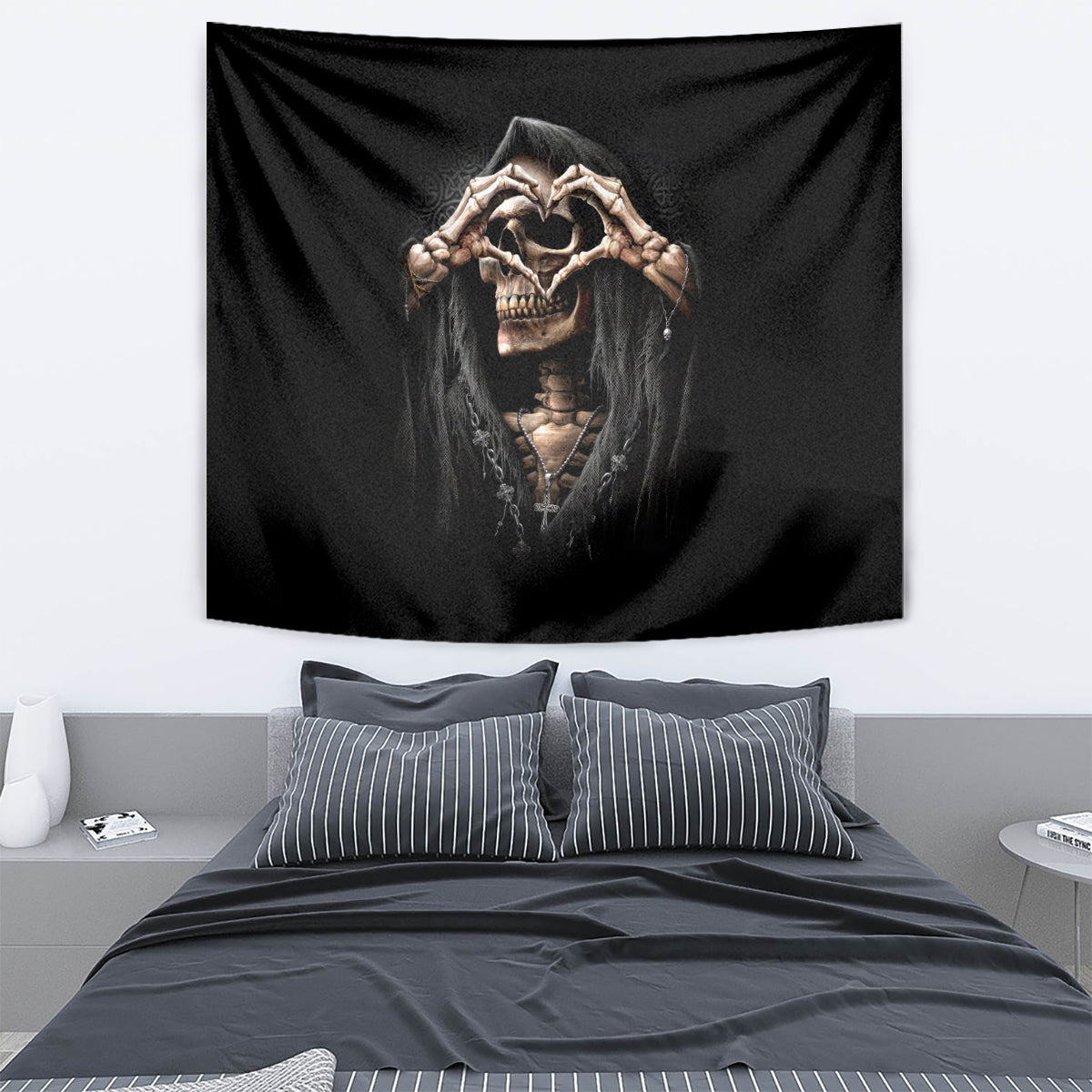 Reaper Heart Tapestry Eternal Embrace - Uniting Souls in the Realm of Skulls - Wonder Print Shop