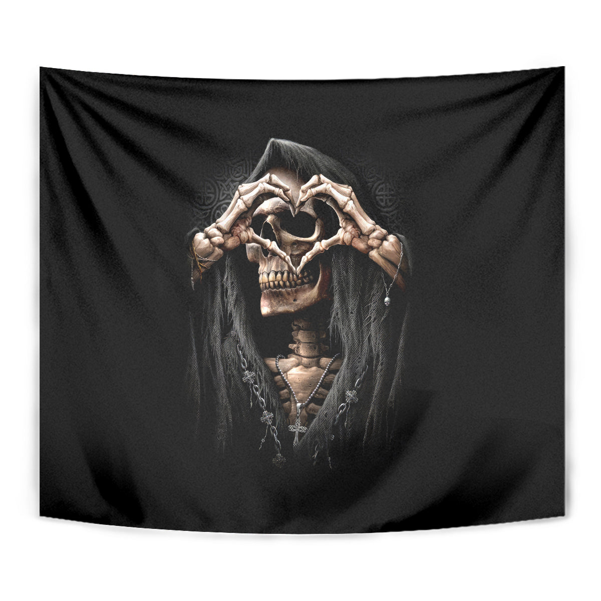 Reaper Heart Tapestry Eternal Embrace - Uniting Souls in the Realm of Skulls - Wonder Print Shop