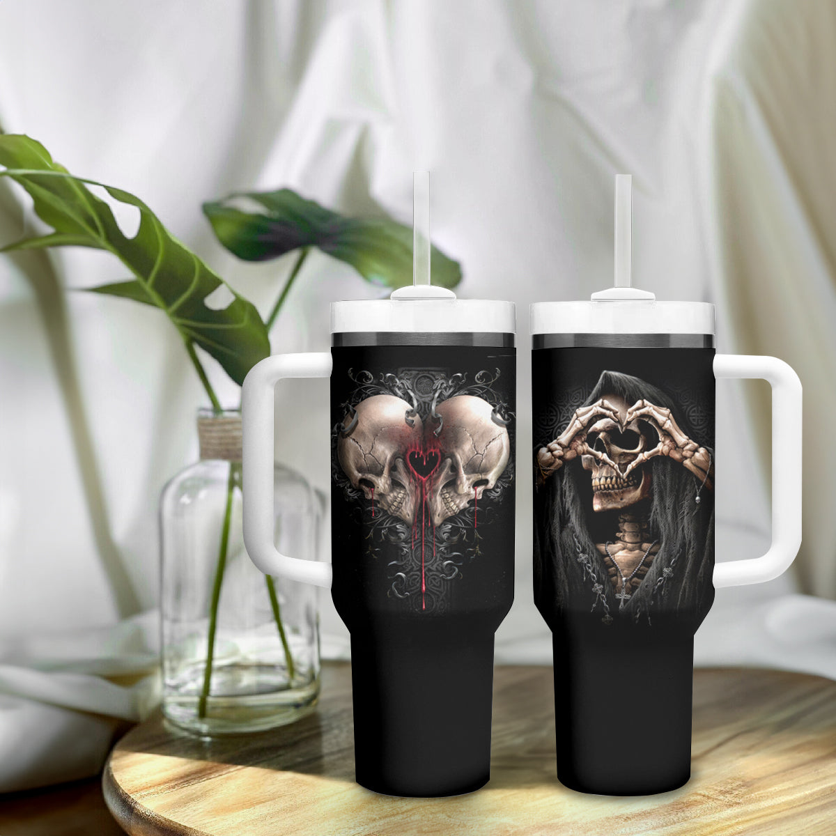 Reaper Heart Tumbler With Handle Eternal Embrace - Uniting Souls in the Realm of Skulls - Wonder Print Shop