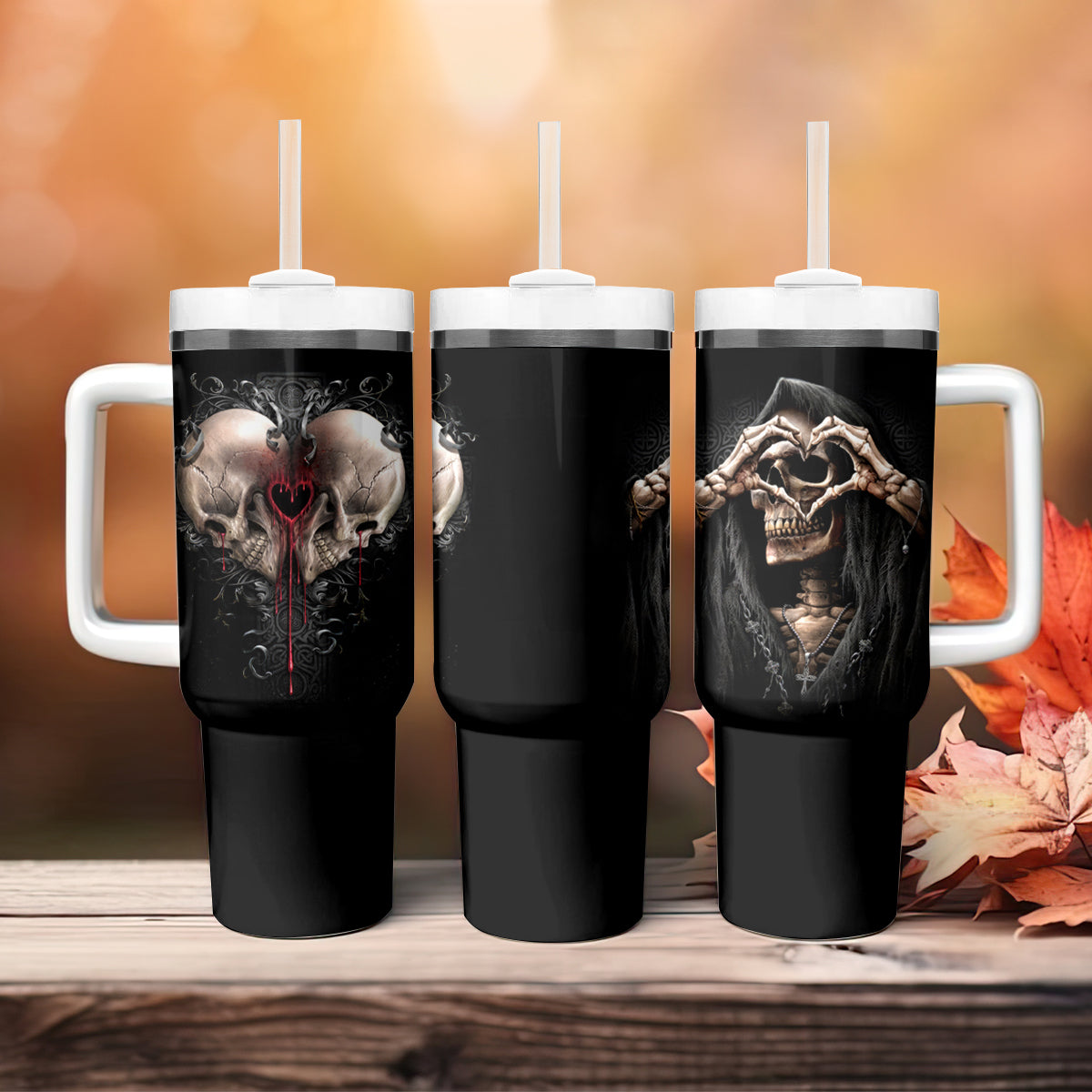 Reaper Heart Tumbler With Handle Eternal Embrace - Uniting Souls in the Realm of Skulls - Wonder Print Shop