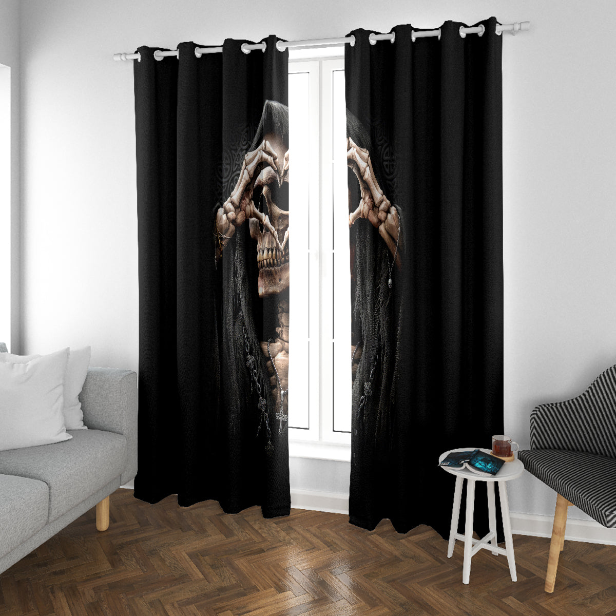 Reaper Heart Window Curtain Eternal Embrace - Uniting Souls in the Realm of Skulls - Wonder Print Shop