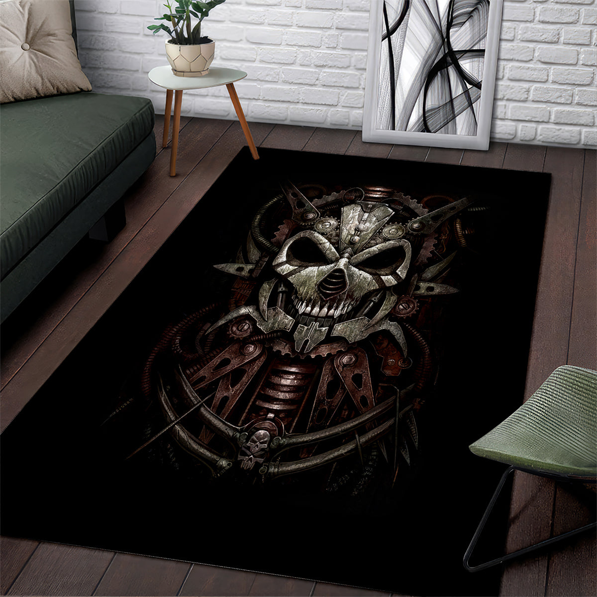 Unveiling the Mechanical Skull Area Rug Cybernetic Enigma - Wonder Print Shop