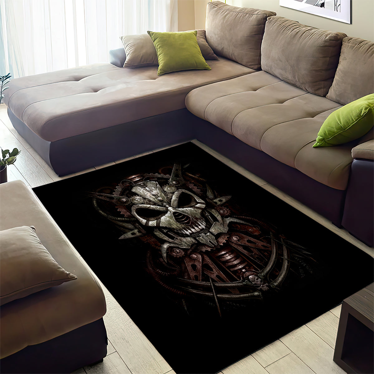 Unveiling the Mechanical Skull Area Rug Cybernetic Enigma - Wonder Print Shop
