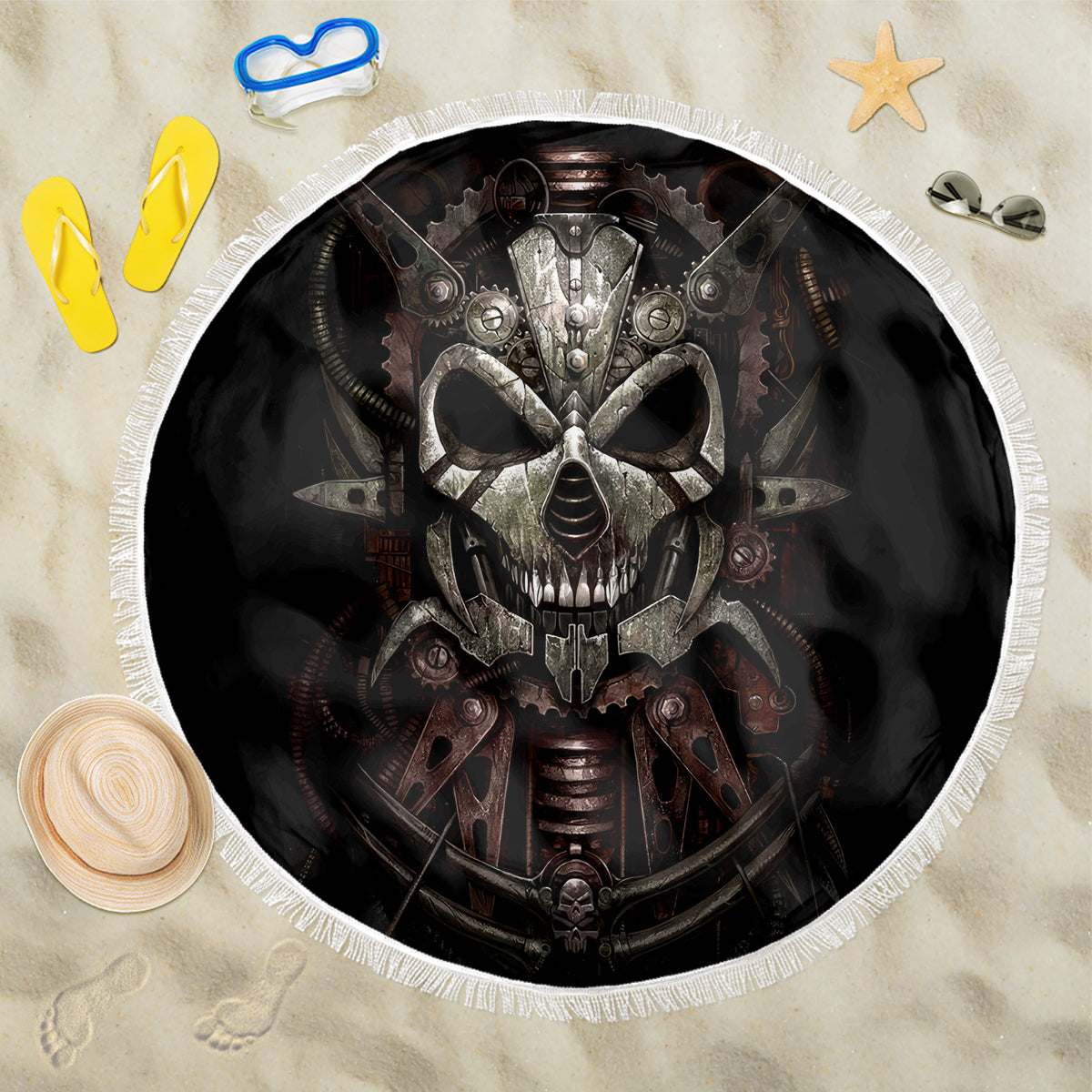 Unveiling the Mechanical Skull Beach Blanket Cybernetic Enigma - Wonder Print Shop