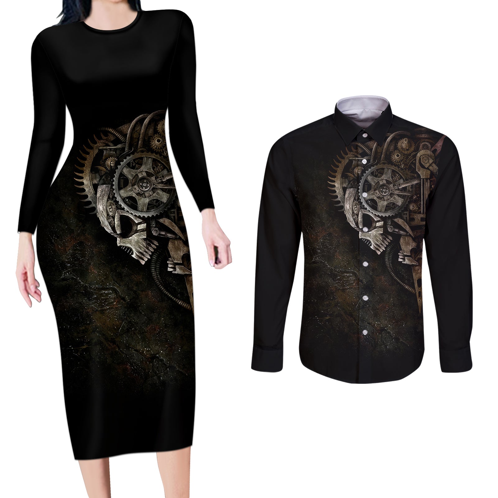 Unveiling the Mechanical Skull Couples Matching Long Sleeve Bodycon Dress and Long Sleeve Button Shirts Cybernetic Enigma - Wonder Print Shop